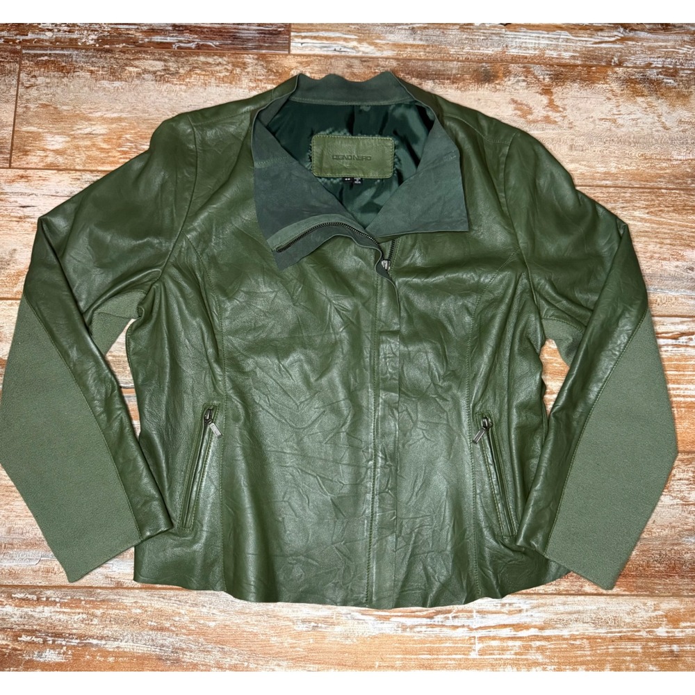 Cigno Nero Womens 46 Green Genuine Leather Jacket Stretch Sleeve Moto Zip